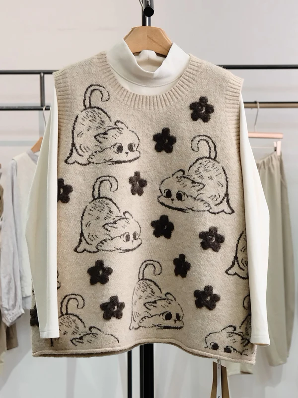 

Faionable Knitted Pattern Vest Top Women's Large Size Svel round Ne Casual Wear Age-Defng Versatile Knitwear