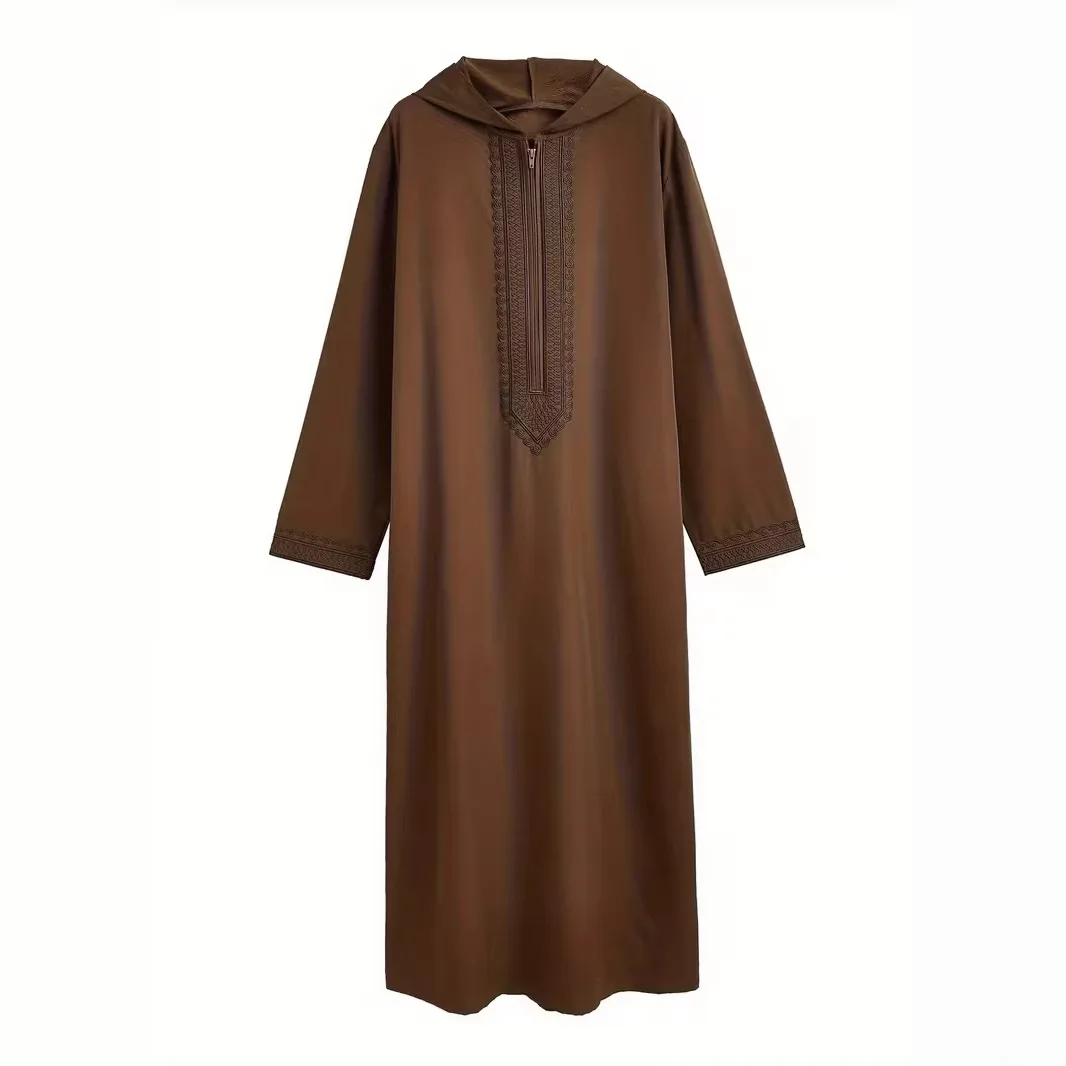 Long Robe Men Jubba Thobe Gown Embroidery Abayas Hooded Middle East Muslim Solid Modest Morocco Dubai Spliced Spring Casuak