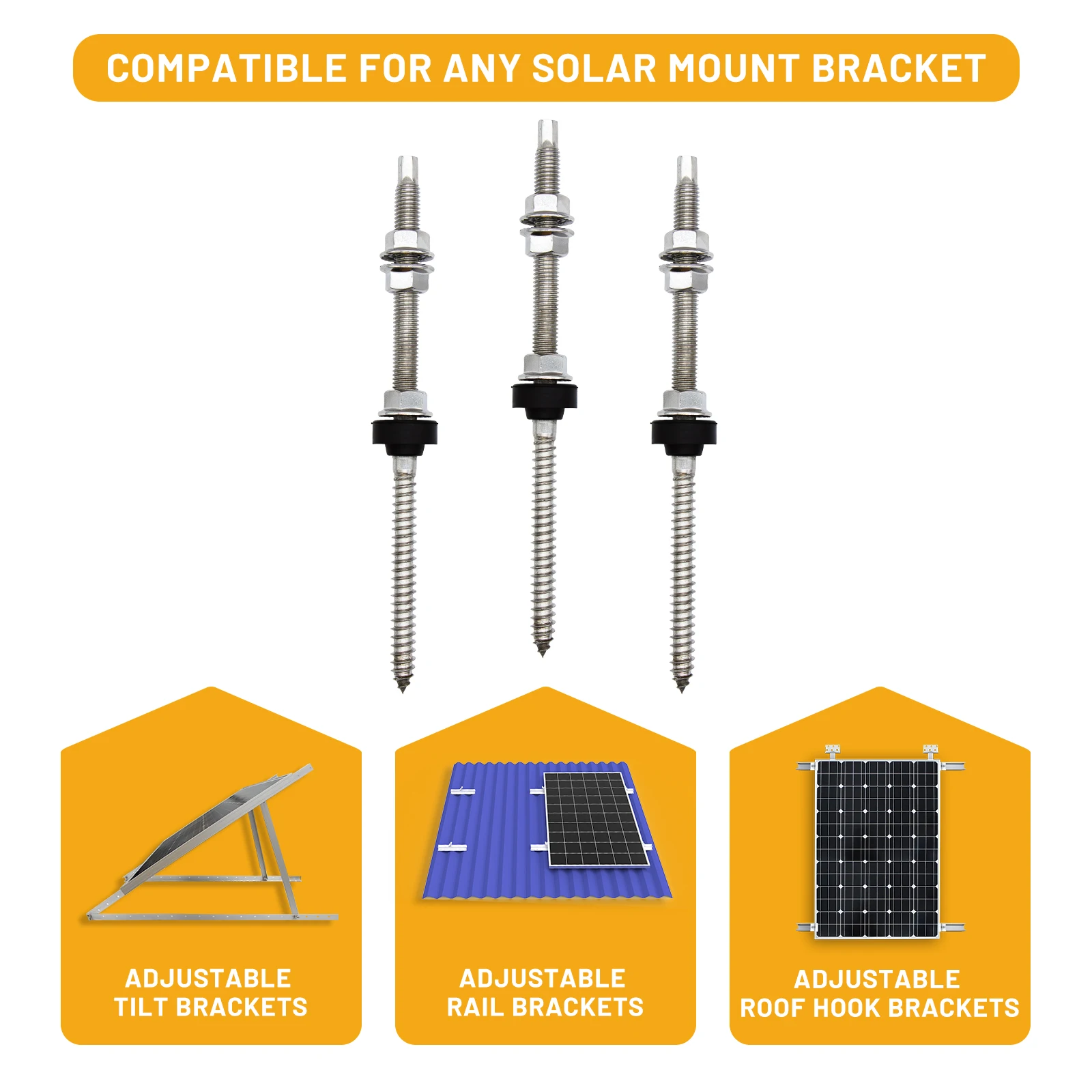 Stainless Steel Solar Hanger Bolts Height Adjustable with EPDM Rubbers for Solar Panel Mount System for Any Wooden Beams