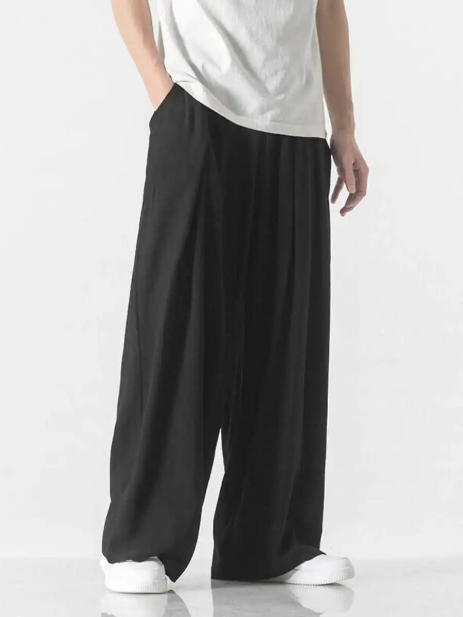 

Легкие мужские повседневные брюки из хлопка и льна, прямые широкие штанины, летние, удобные, дышащие, на пуговицах