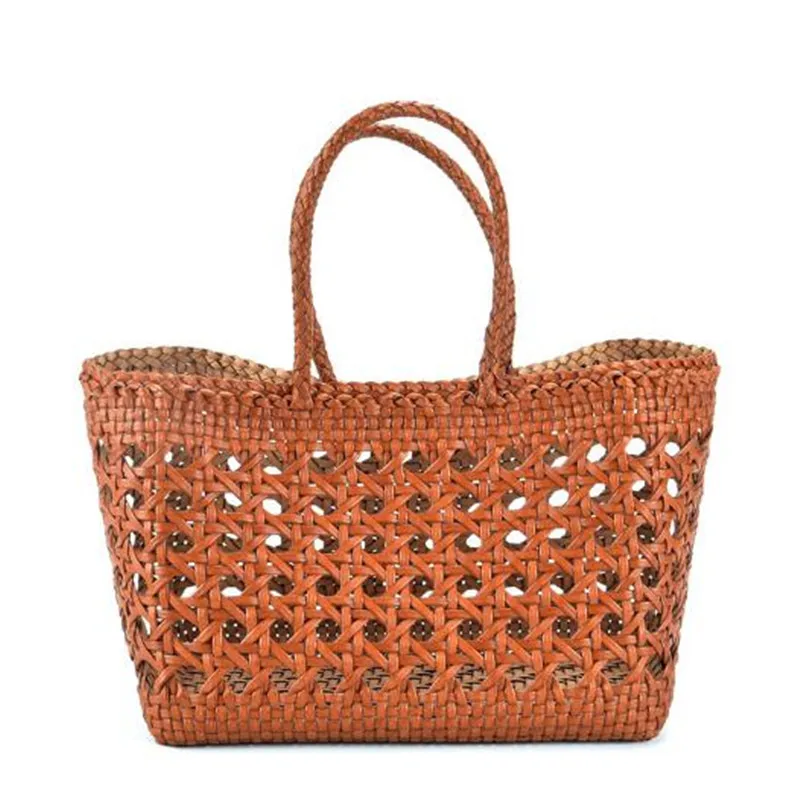 Japan and South Korea Beach Bags Braided cowhide hollowed-out vegetable  shopping basket bag