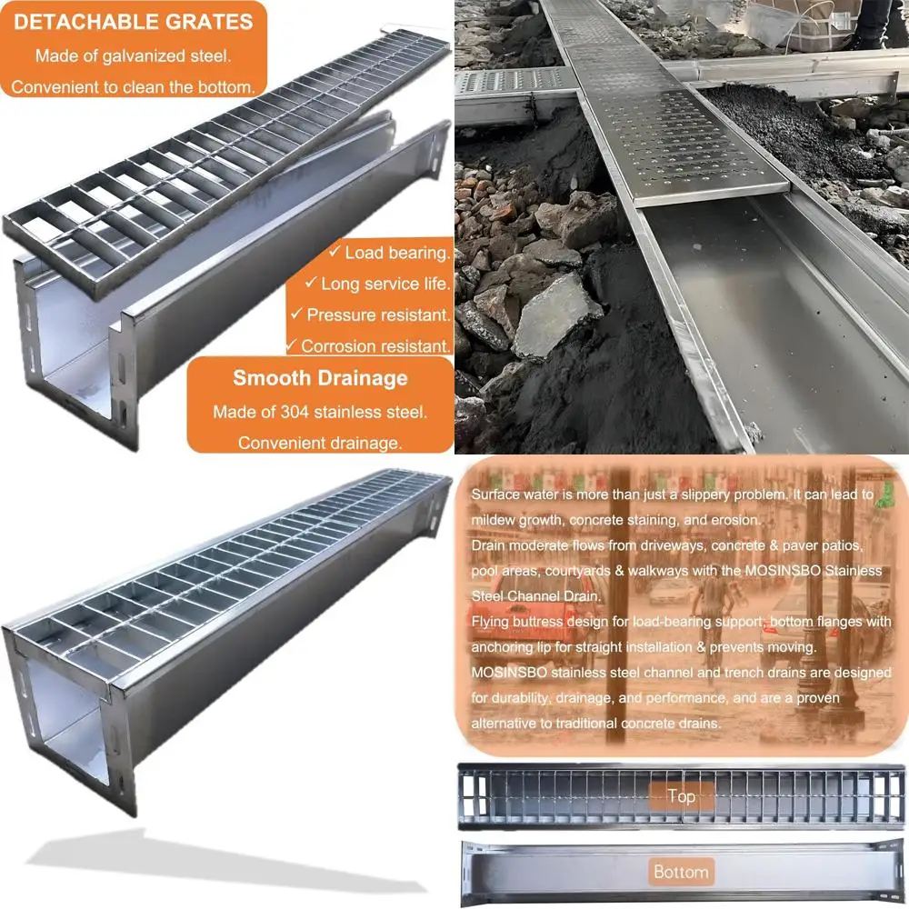 

Сверхмощный слив из нержавеющей стали 304, 39,4x5,9x5,5 дюйма, оцинкованная решетка, комплект B125 для 3-трубной системы, наружная дренажная система