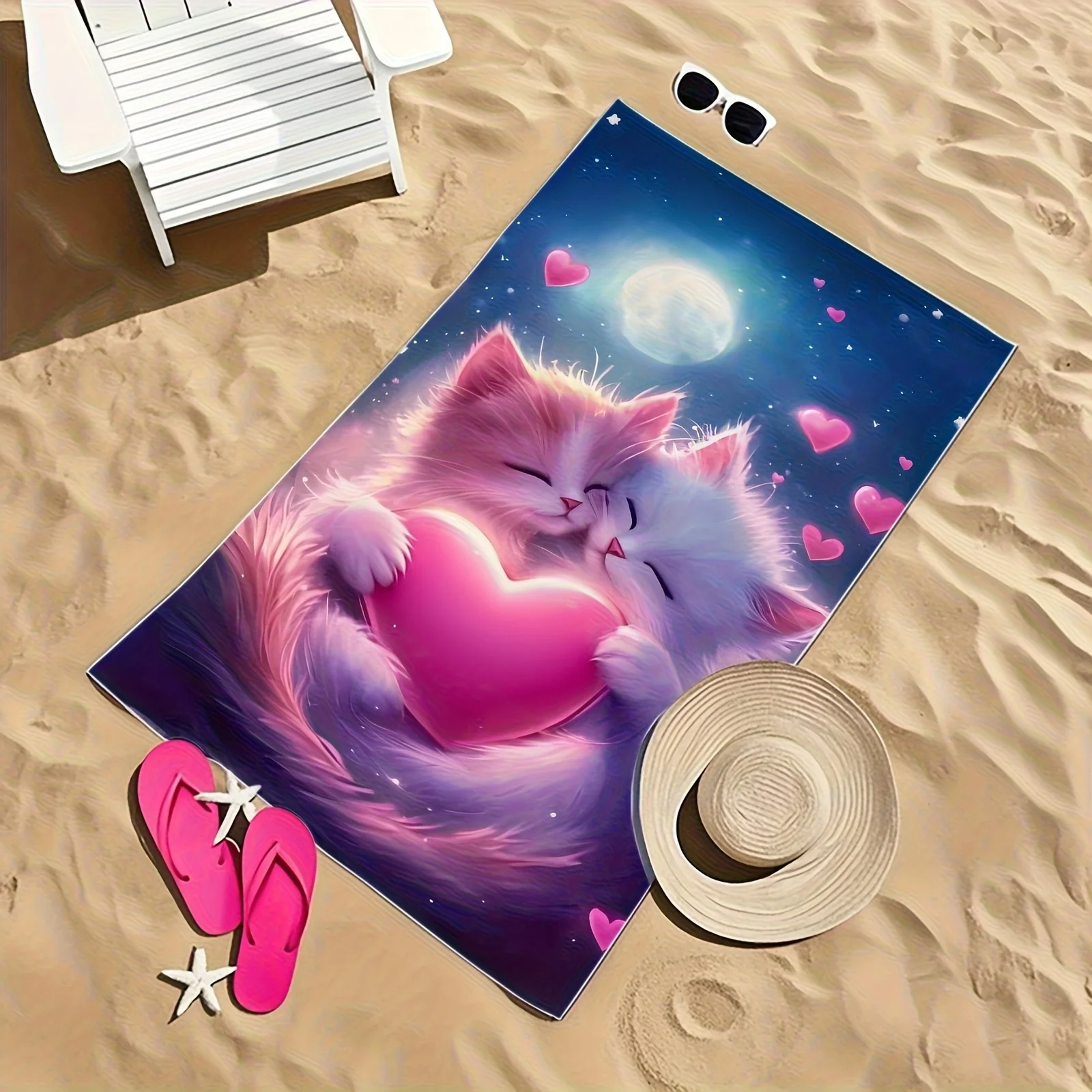 Star Moon Heart Kitten Portrait Beach Blanket Light Absorbent For Seaside Trip swimming beach towel