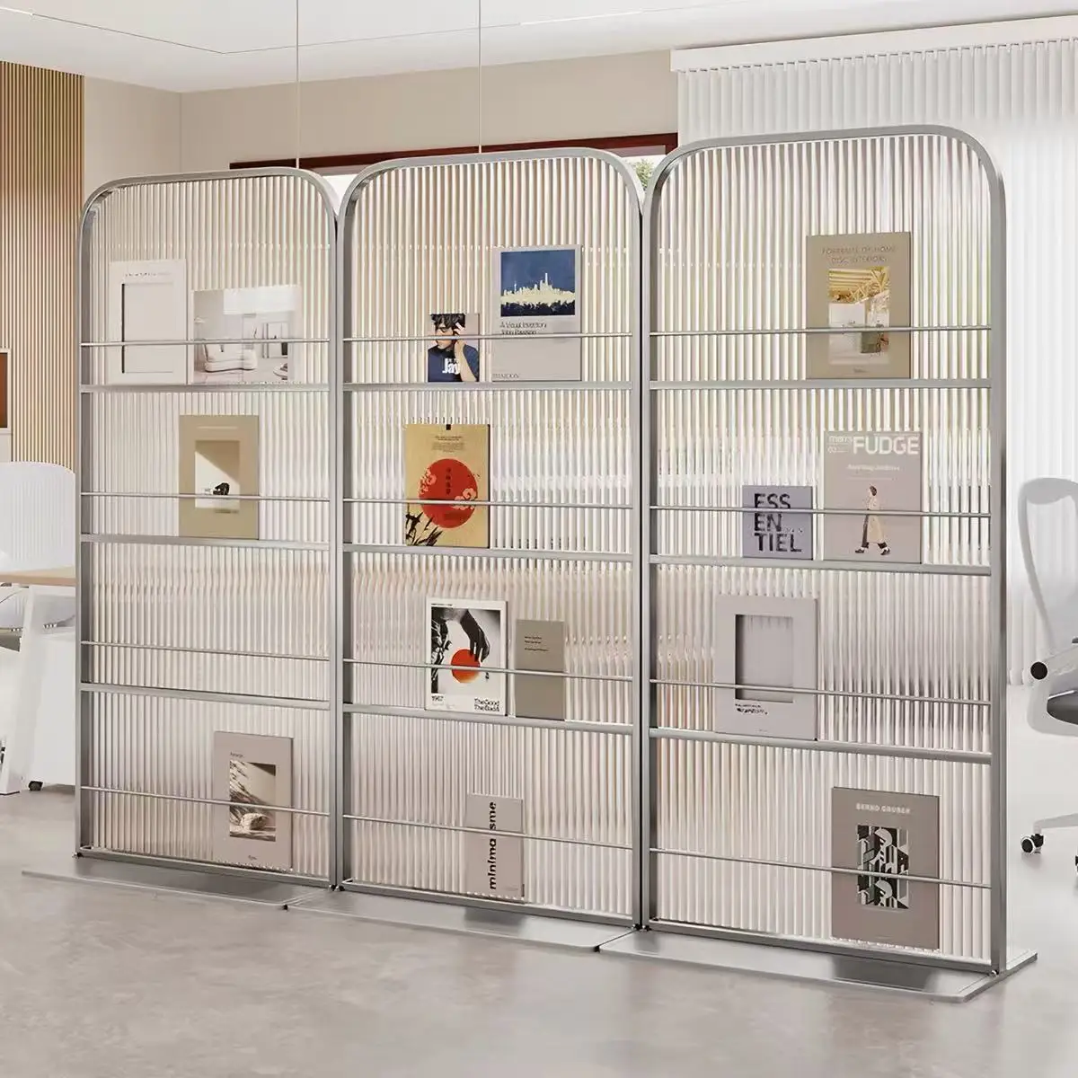 Modern simple bookshelf partition light luxury office wrought iron Changhong glass screen partition living room