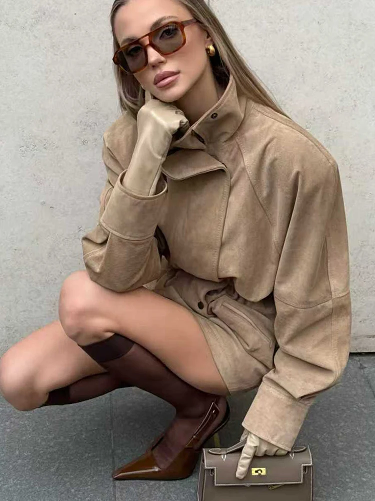 

TFMLN женская осенняя замшевая куртка с воротником-стойкой, зимние свободные длинные пальто на молнии, женская модная новая верхняя одежда, уличная куртка, пальто