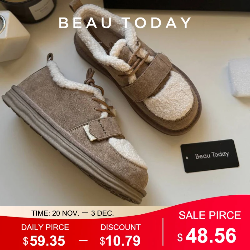 BEAUTODAY Furry Flats Women Cow Suede Round Toe Solid Color Hook & Loop Lace-Up 2023 Winter Ladies Warm Shoes Handmade 27843