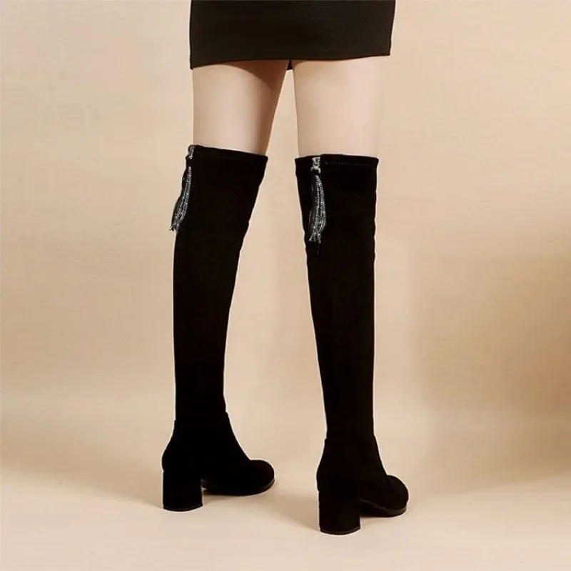 

2025 New Autumn Winter Women's Stretchy OvertheKnee High Heel Boots Black Crystal Rhinestone Tassel Sexy All Match Slimming