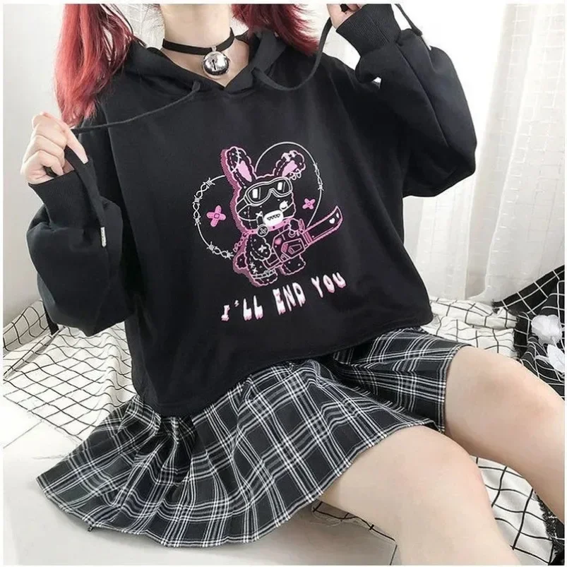 New Hoodies Punk Gothic Patchwork Hollow Out Y2k Clothes Cartoon Print Casual Loose Spring Autumn Preppy Style Crop Sweatshirts