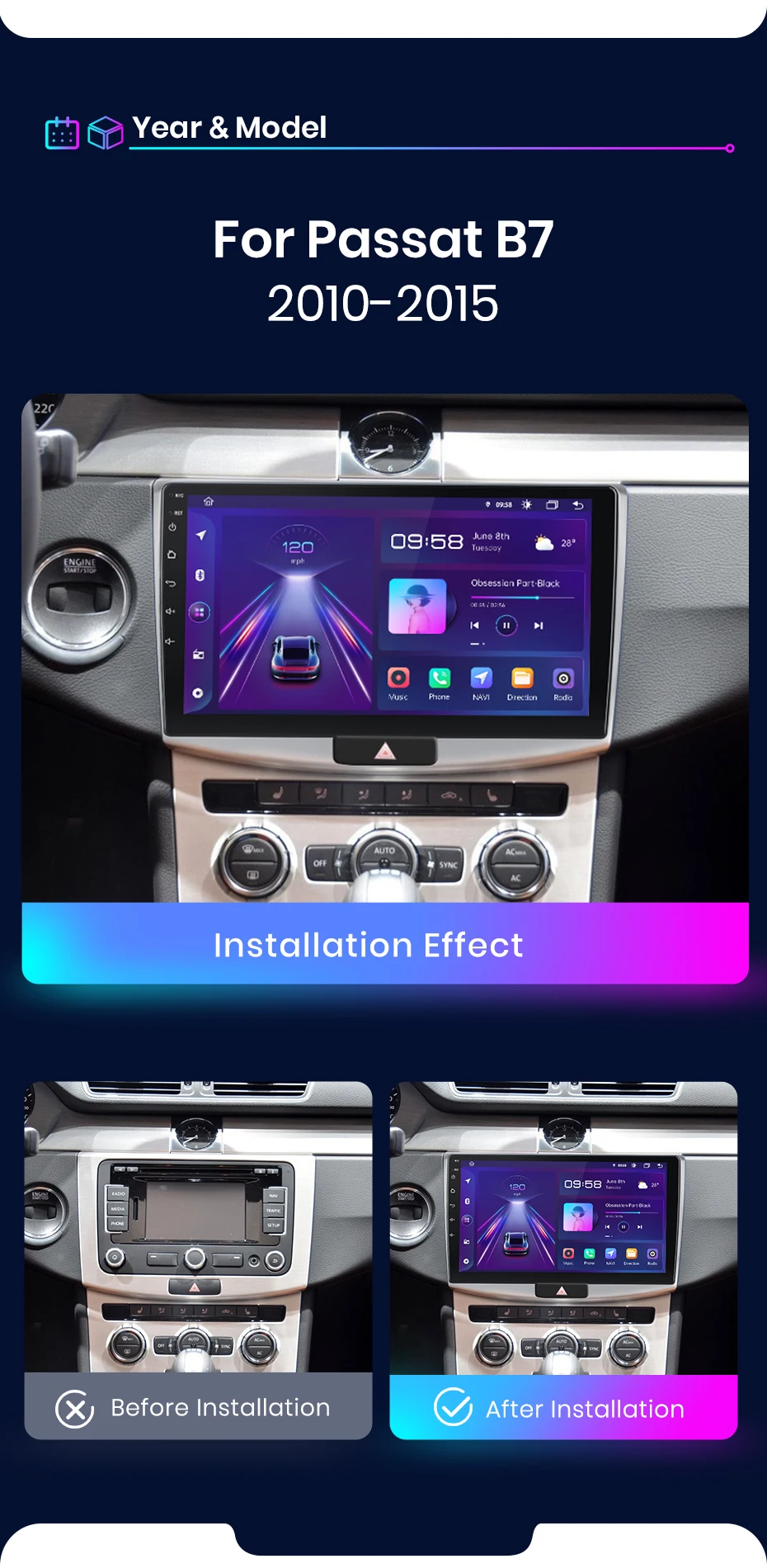 Junsun AI 4G LTE Wireless CarPlay Android Auto Autoradio für Volkswagen VW Passat B6 B7 CC 2010 2011-2015 GPS Navi BT DSP RDS FM – Detail 6