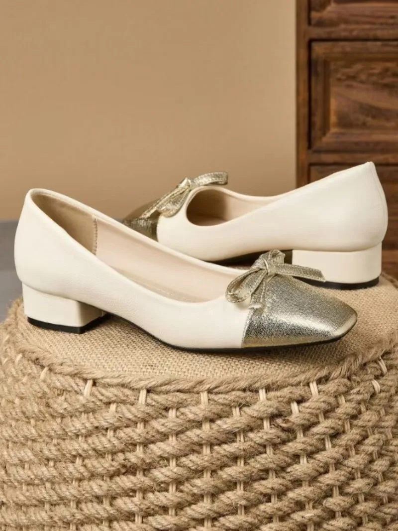 

2026 Spring Women's Square Toe Low Block Heel Pumps Bowknot Two Tone Slip On Comfortable Office Work Casual Daily Dress Shoes