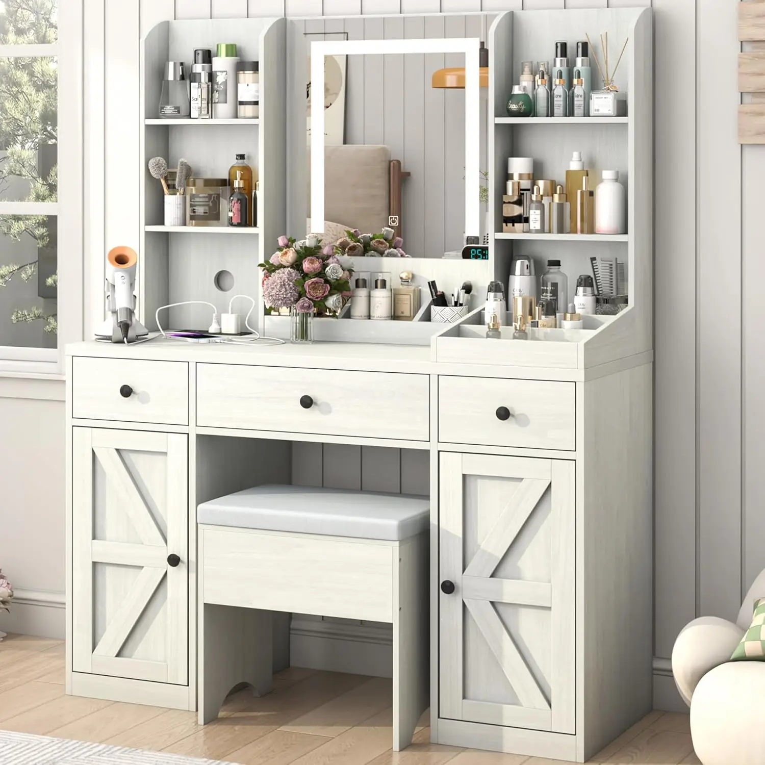 

Farmhouse Vanity Desk w/Mirror and Lights, 43" LED Vanity Table Makeup Desk w/Outlet,3 Drawers 2 Cabinets,11 Storage Shelves