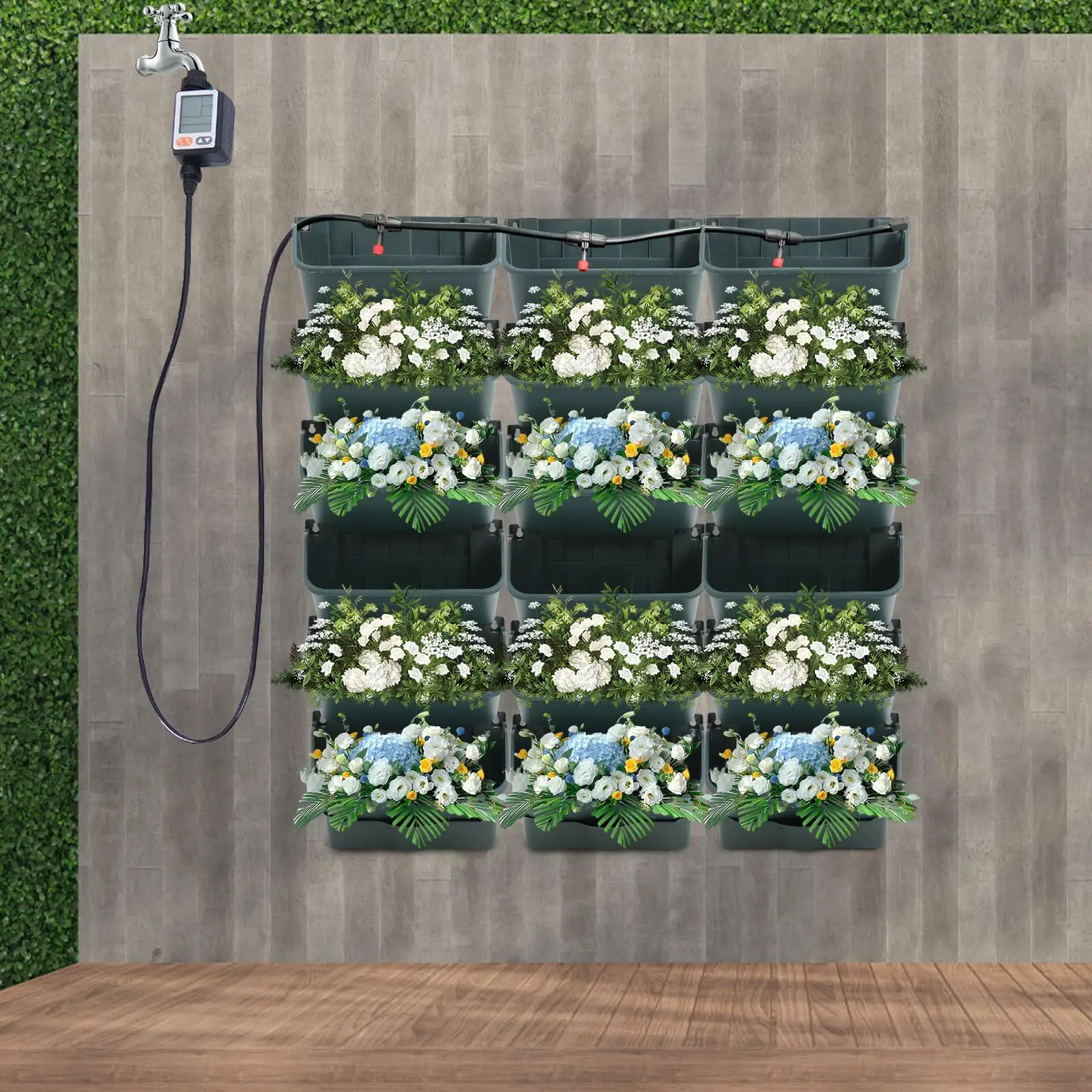 Plantador de parede com rega automática, conjunto de plantador de jardim vertical com 18 potes, vasos de cultivo de plantas empilháveis com temporizador eletrônico fo