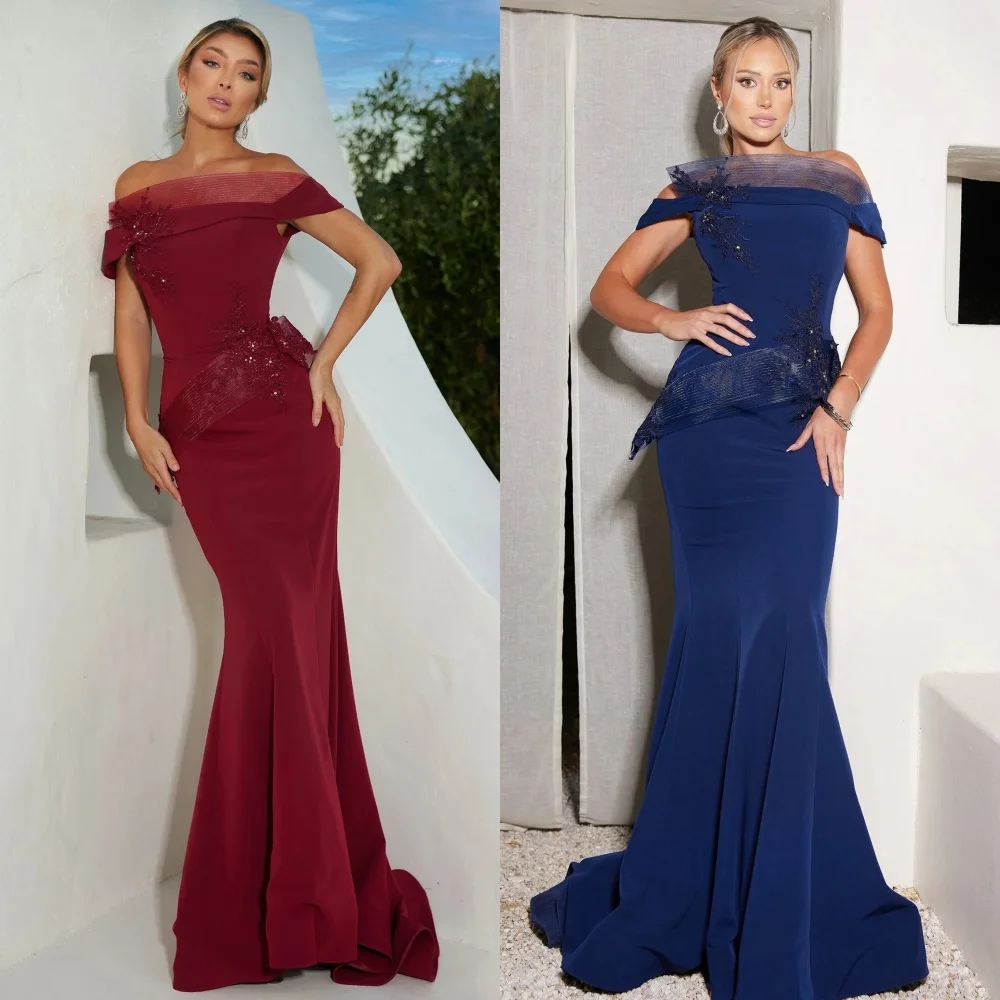 

Customized Elegant Classic Jersey Beading Ruched Mermaid Off-the-shoulder Long Dresses Evening Dresses Sizes Available Matching