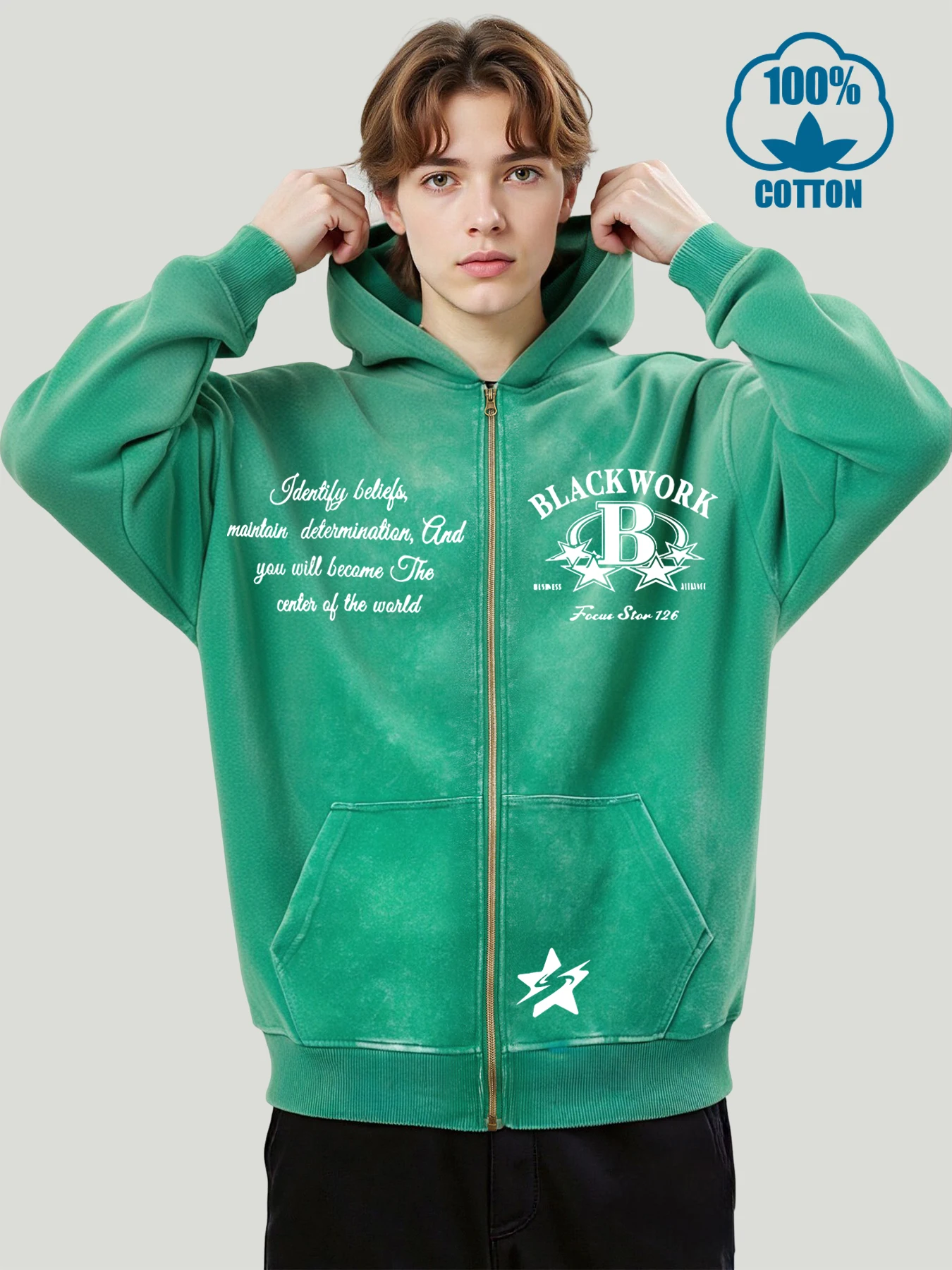 

Twisted Pentagram Blackwork Design Mens Washed Zipper Hoodies Fashion Casual Hoodie Cotton Zip-Up Hoody Loose Retro Male Clothes