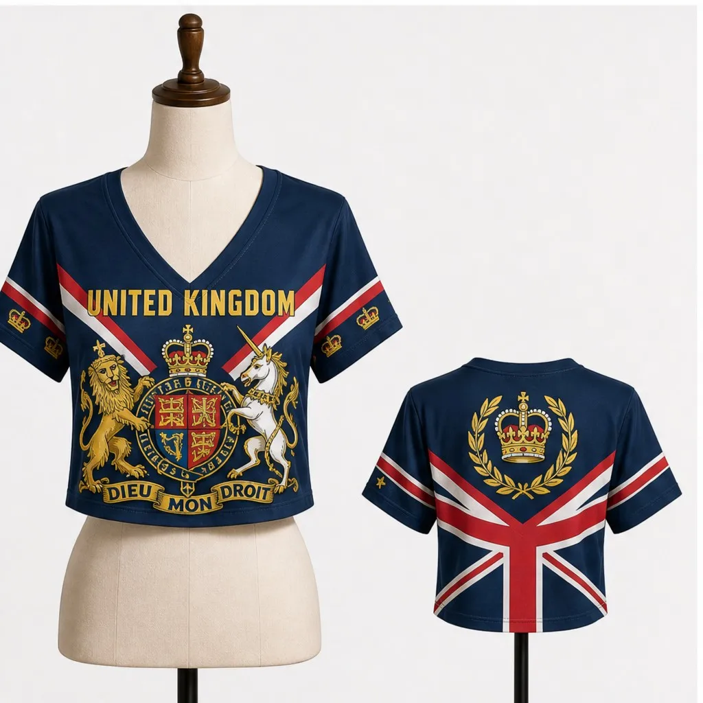 Women United Kingdom V Neck Crop Top Crown Crest Union Flag Print Short Sleeve Summer Casual Streetwear Fashion Tee for Day Wear