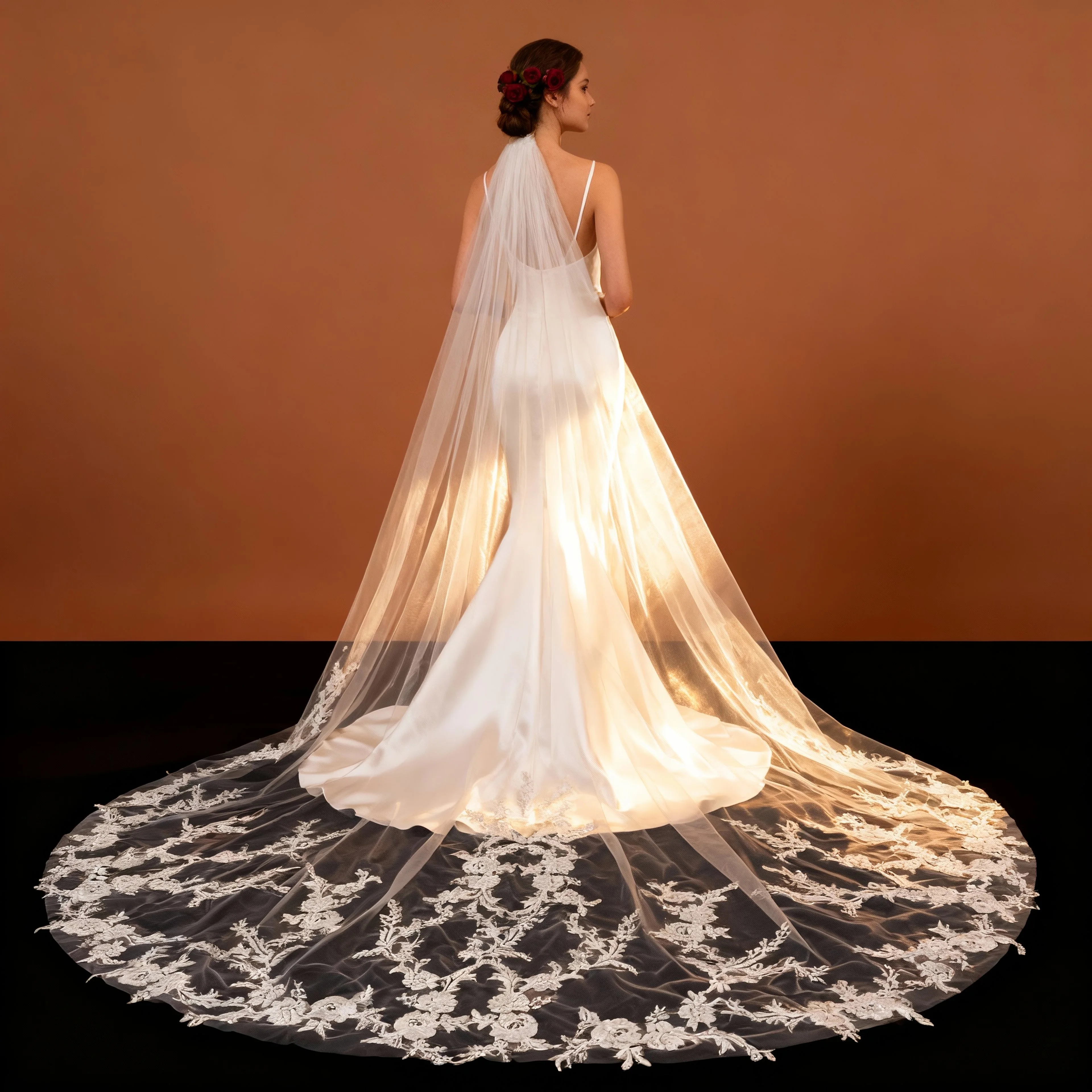 

[Veil&Vow] Роскошная фата в соборе — свадебная фата из прозрачного тюля с кружевной аппликацией с сложной цветочной кружевной аппликацией |