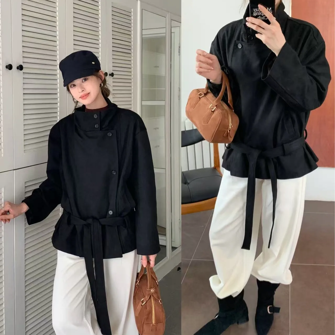 Faionable coreano sle gola cintura cinched couro jaet casaco ortopé feminino comprimento regular detalhe de botão