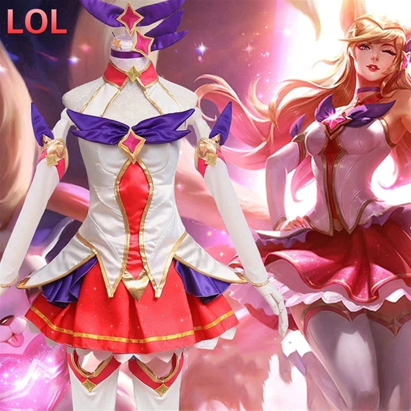 Anime game LOL star guardian Ahri cosplay costumes set Magic Girl The Nine-Tailed Fox cosplay dress full set top skirt