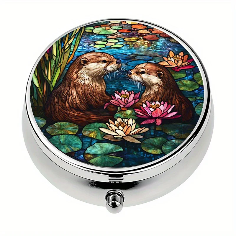 Single unit, wallet-style box, with 3 compartments, two sea otter portable pill boxes or wallets, sized medicine storage box, for outdoor travel and office organization, flat print