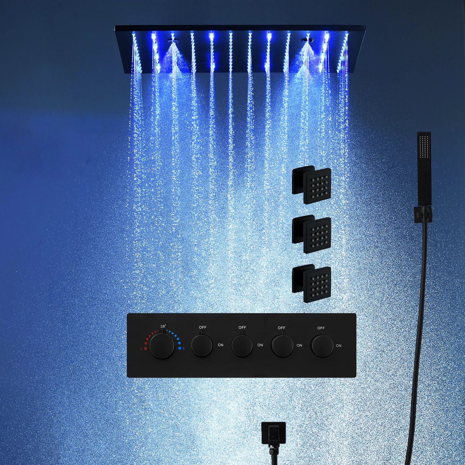 

2024 Black Surface 16/20 Inch Big LED Rain SPA Mist Shower Head Faucet Set Thermostatic Valve Mixer 2 Inch Lateral Massage Jet