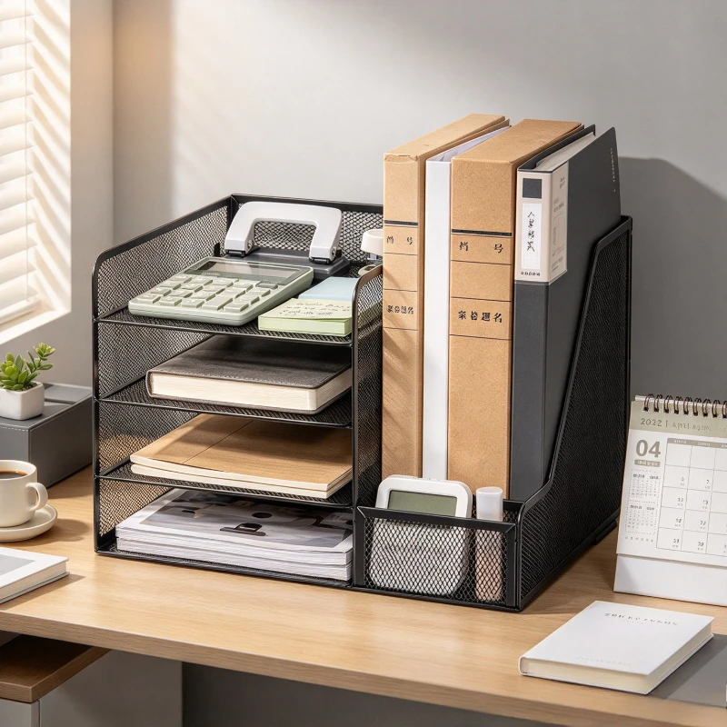 4 Tier Metal File Organizer with Pen Holder and Strong Black Frame Desktop Document Rack for Filing Office Paperwork