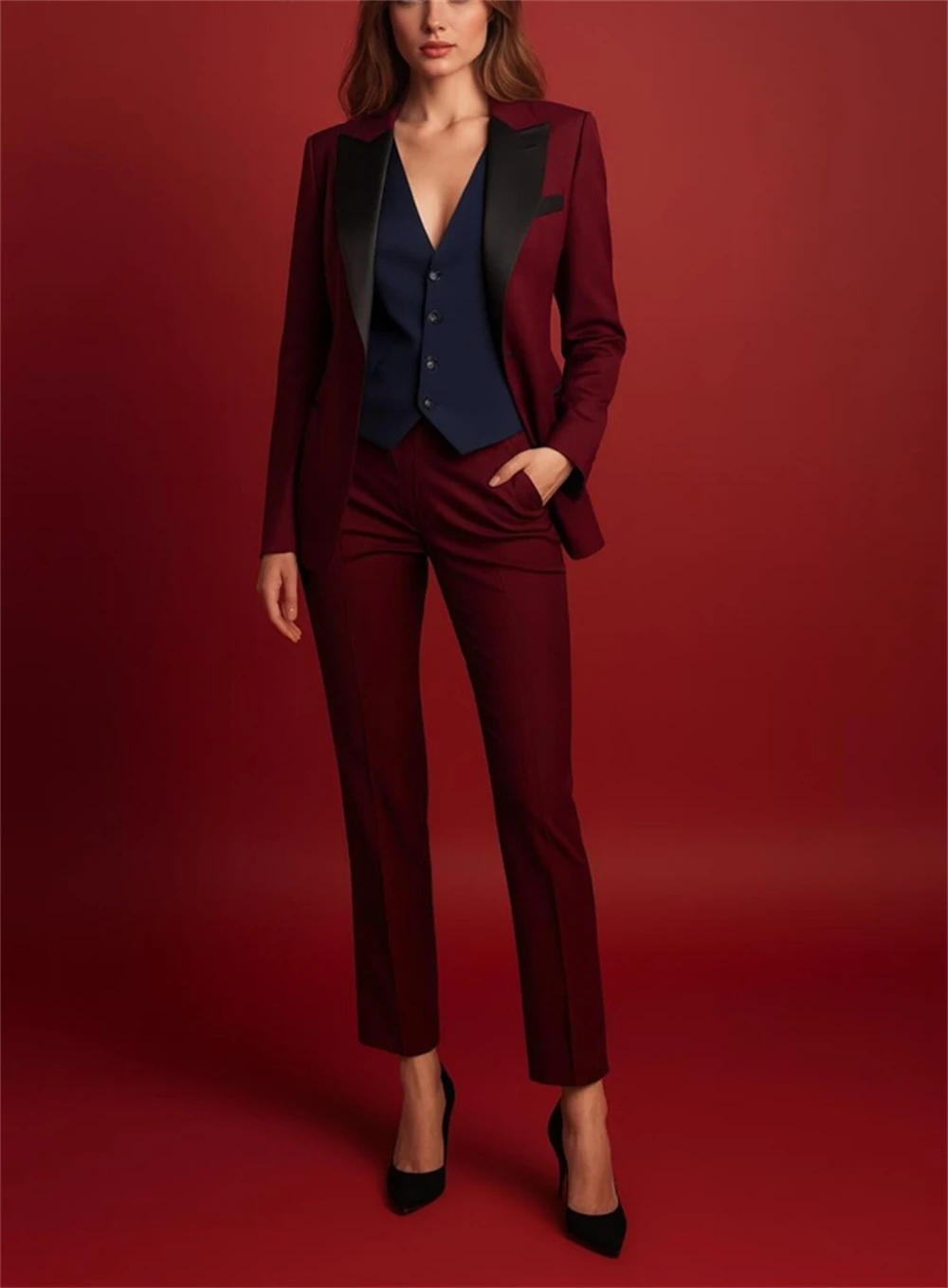 Elegant Burgundy Women's Suits 3 Piece Suit Official Outfits Formal Event Wear Women's Business Set (Jacket+Vest+Pants)
