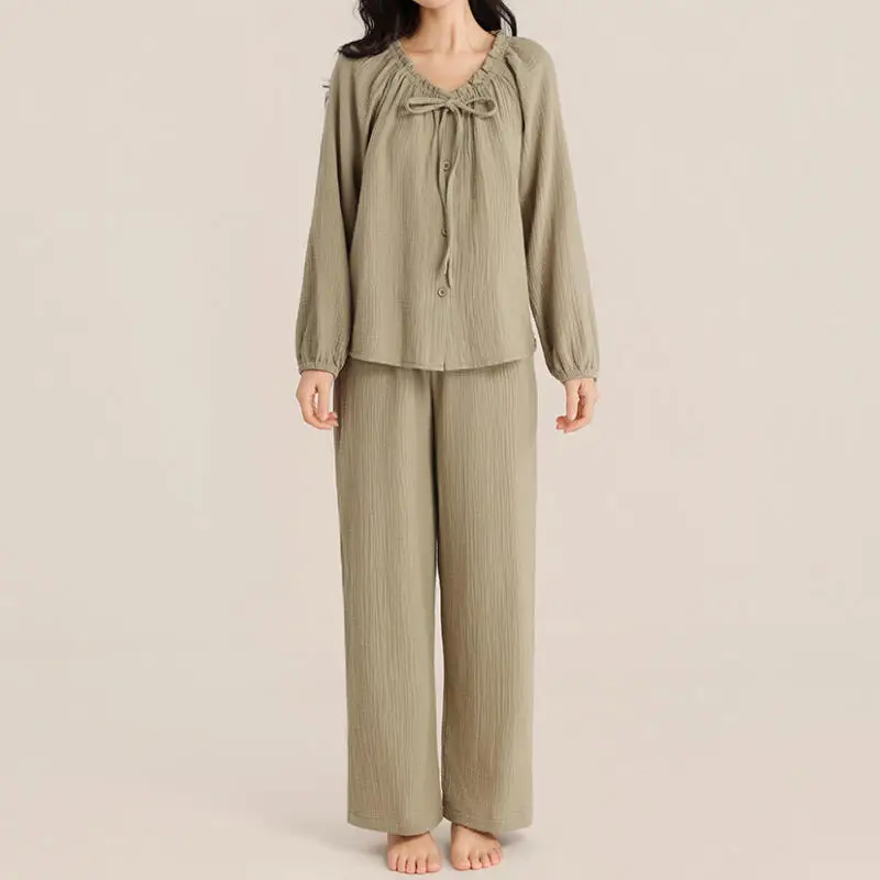 

Новинка 2026: Женский хлопковый пижамный комплект из 2 предметов (рубашка и брюки), свободный крой, с V-образным вырезом, для сна и дома, весенняя коллекция