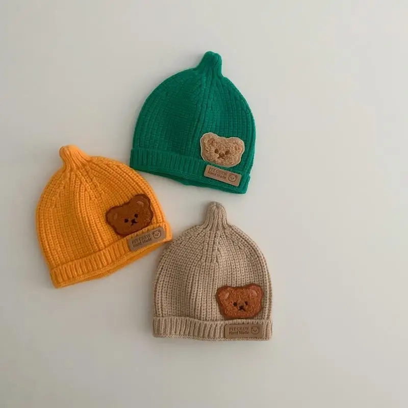 Korea Spring Autumn Kids boys Hat Candy Color Baby Boys Knit Hat Baby Girls Bear Head Embroidery Kids Knitted Hat