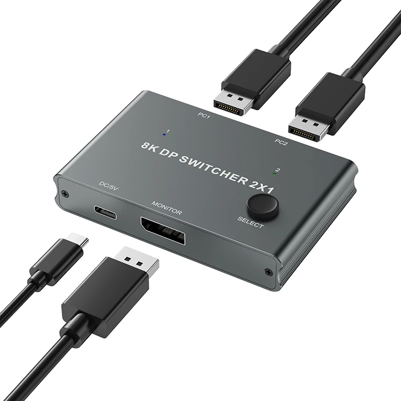 8K DisplayPort Switch 2 in 1 Out, DP Switches Splitter Selector Box with Button Support 8K@60Hz, 4K@144Hz Compatible with PC