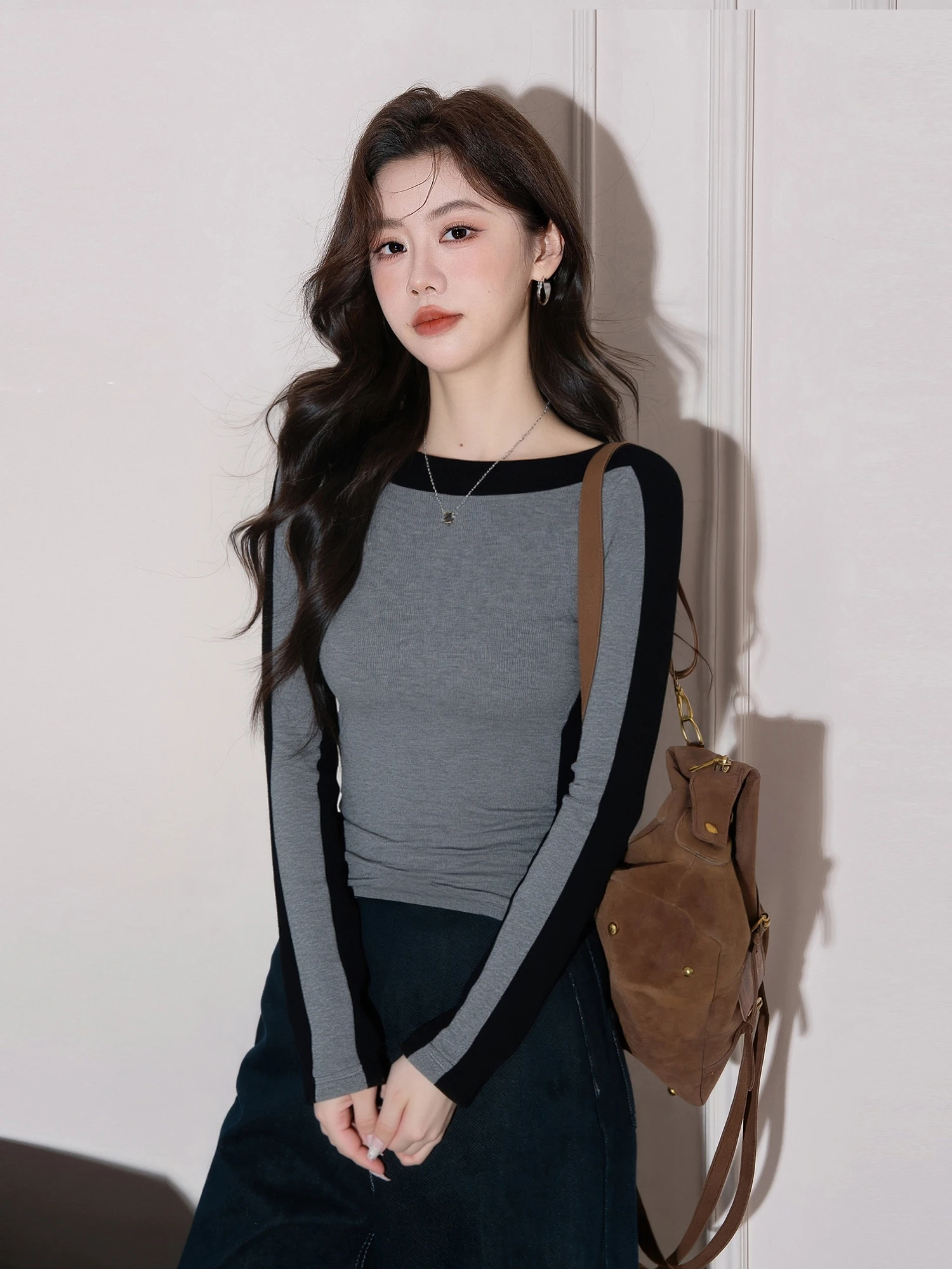 

Контрастные лоскутные корейские тонкие трендовые топы, женская одежда, весенне-осенние универсальные винтажные футболки с длинными рукавами, модные M582