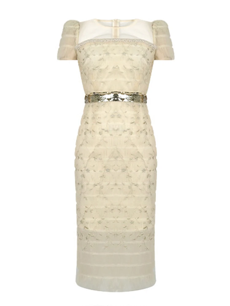 Abito da donna francese da socialite da donna dolce ed elegante maglia trasparente pieghe ricamate con paillettes aderente abito da festa per banchetti Vestido Lady