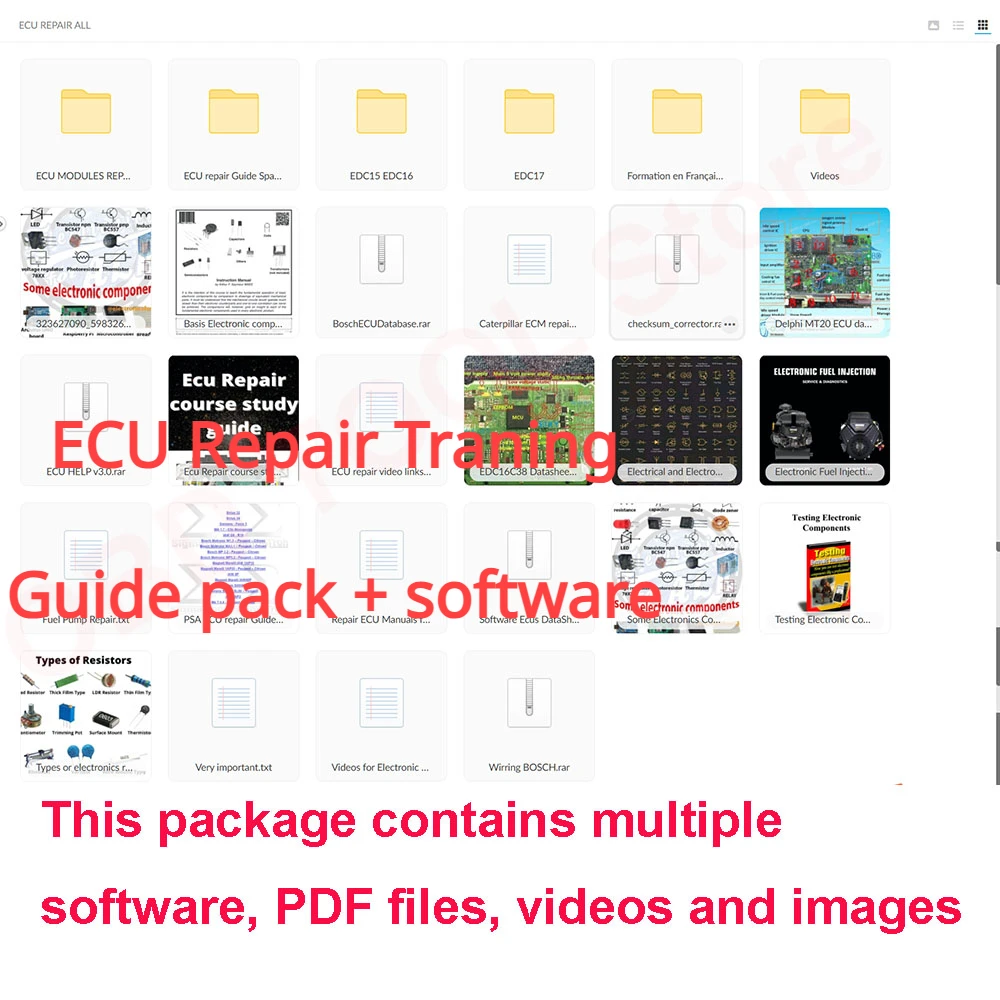 

ECU Repair Training Guide Package ECU Basic Electronics Components EPROM TEST Progranm EDC Datasheets Wiring PDF Software Pack