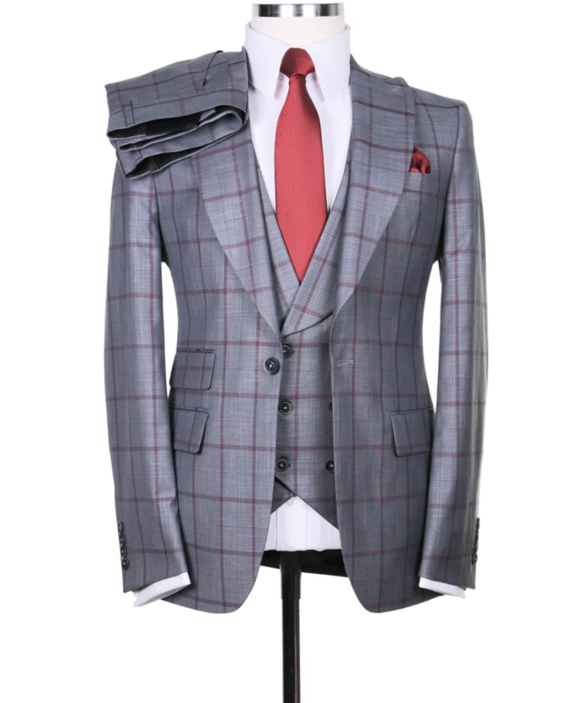 Plaid Men Wedding Suits Peaked Lapel Jacket Slim Fit Groom Wear 3 Pcs (Blazer+Pants+Vest)Business Office Custom Made