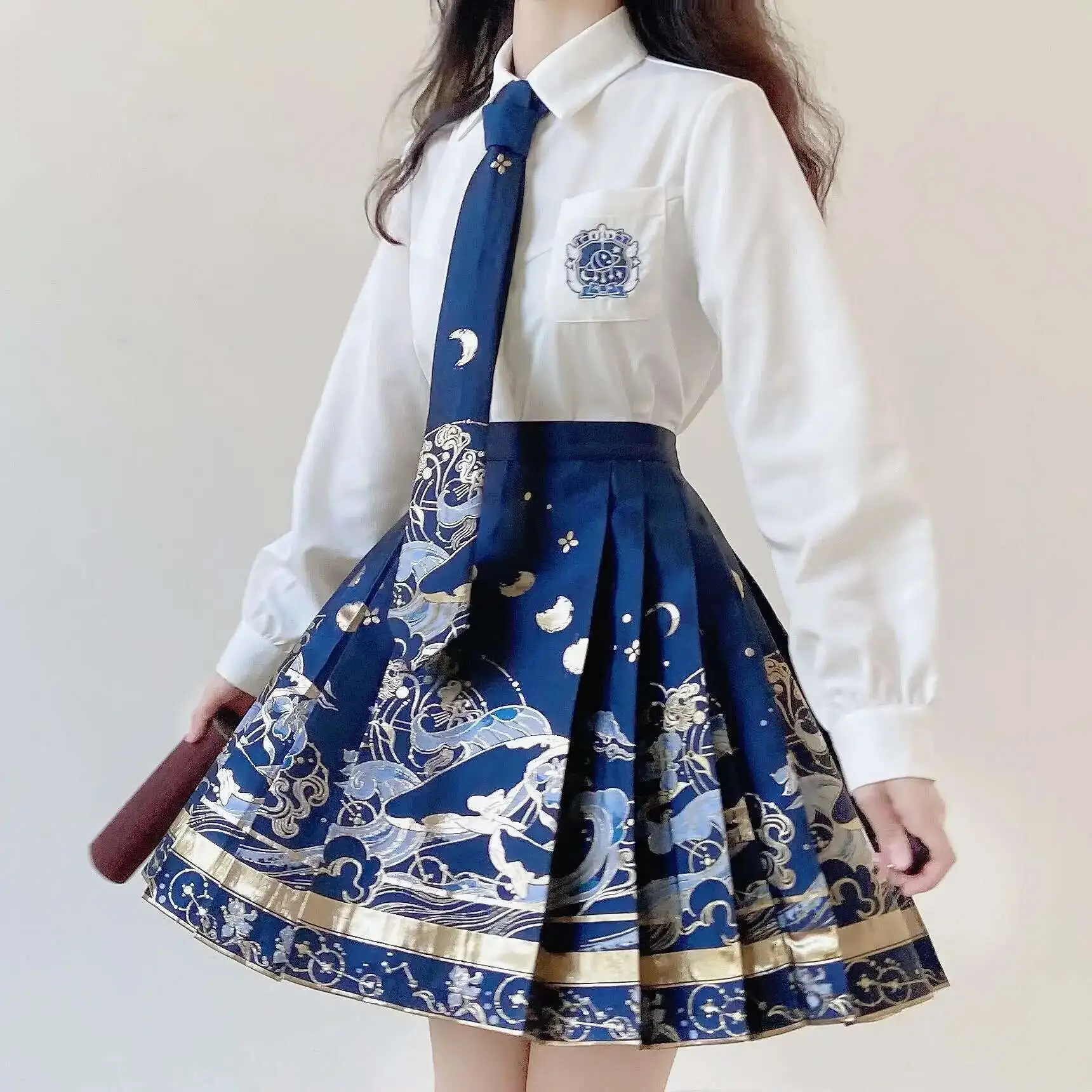 

Chinese Traditional Hanfu Clothing Vintage JK Suit Printing Folk Dance Skirt Gold Stamping Improved Hanfu Horse Face Short Skirt