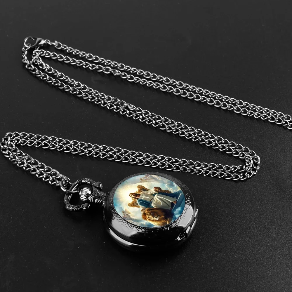 

Classic Jesus Design Glass Dome Quartz Pocket Watch With Durable Chain Arabic Numeral Dial For Men And Women Creative Gifts