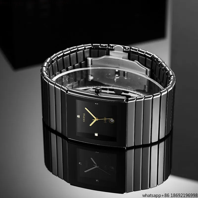 Oupai 2026 New Retro 34mm Large Black Ceramic Men's Watch Quartz Waterproof Simple Classical Men's Watch