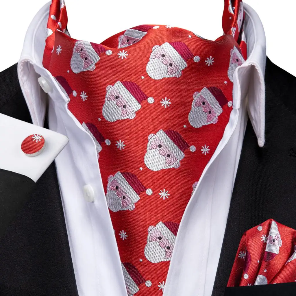 

Hi-Tie Silk Men Christmas Ascot Red White Snow Hanky Cufflinks Set Jacquard Vintage Xmas Cravat Tie Wholesale for Male Prom