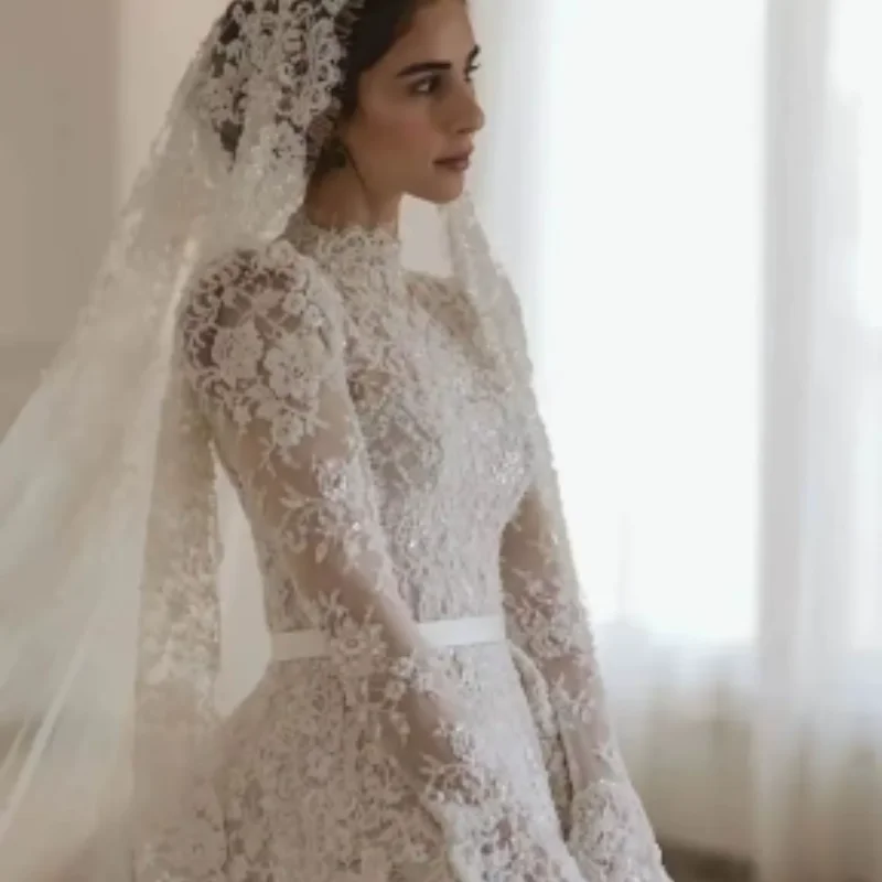 

Custom 2026 New Holy High Neck Print Wedding Dress Classic A-Line Floor Length Lace Princess Ball Gowns Vestido De Novia