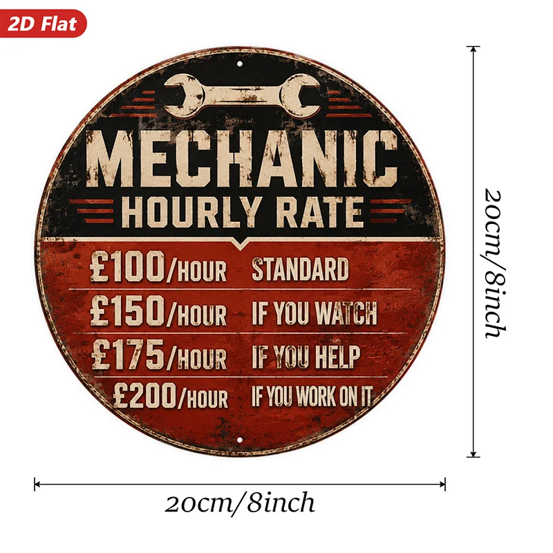 2D Flat, 1pc Mechanic Workshop Round Metal Sign Wall Art, Mechanic Hourly Rate Message, Crescent Wrench Graphic, Vintage Distres