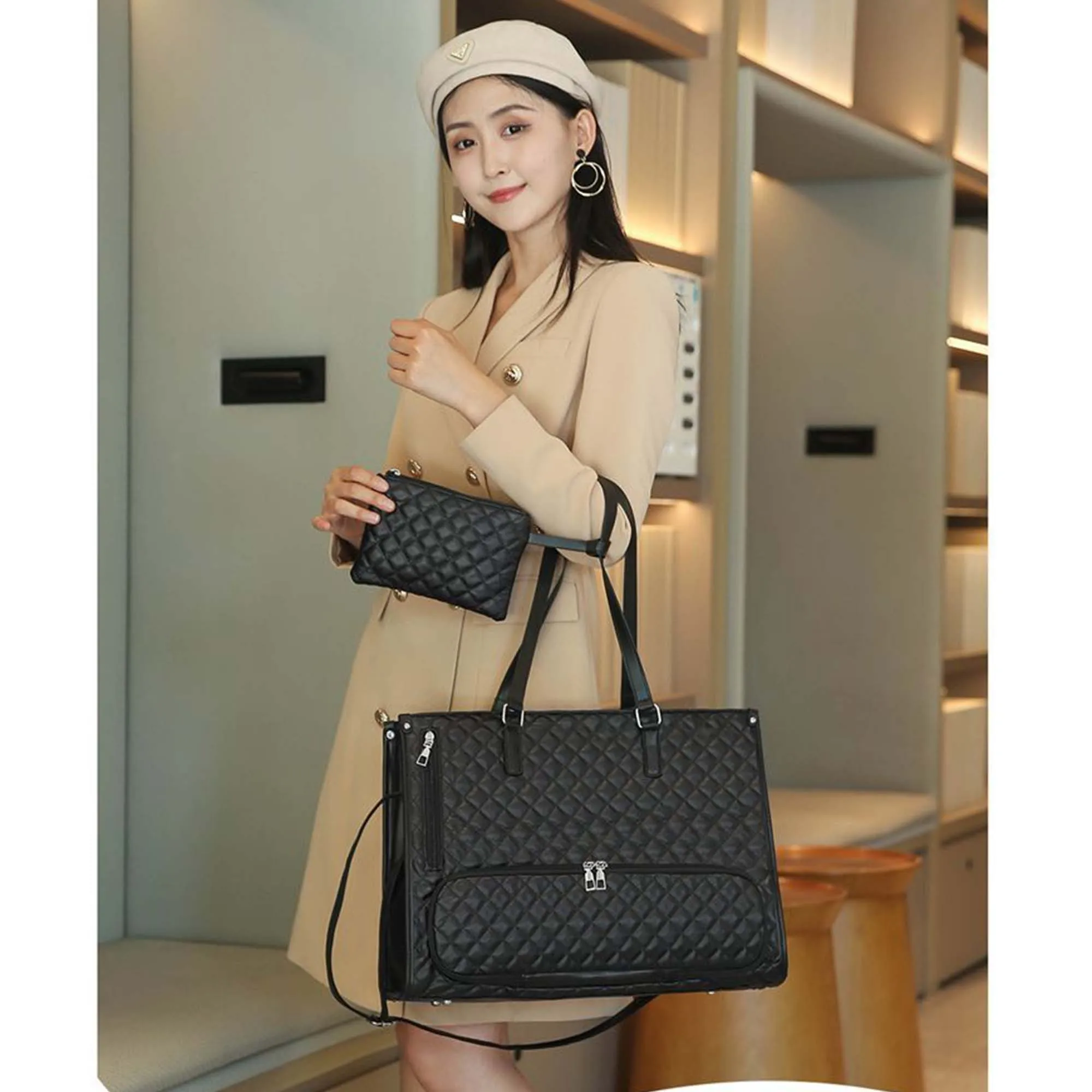 Women Large Capacity Insulated Lunch Tote Bag PU Leather Quilted Shoulder Bag Work Travel Handbag with small Pouch