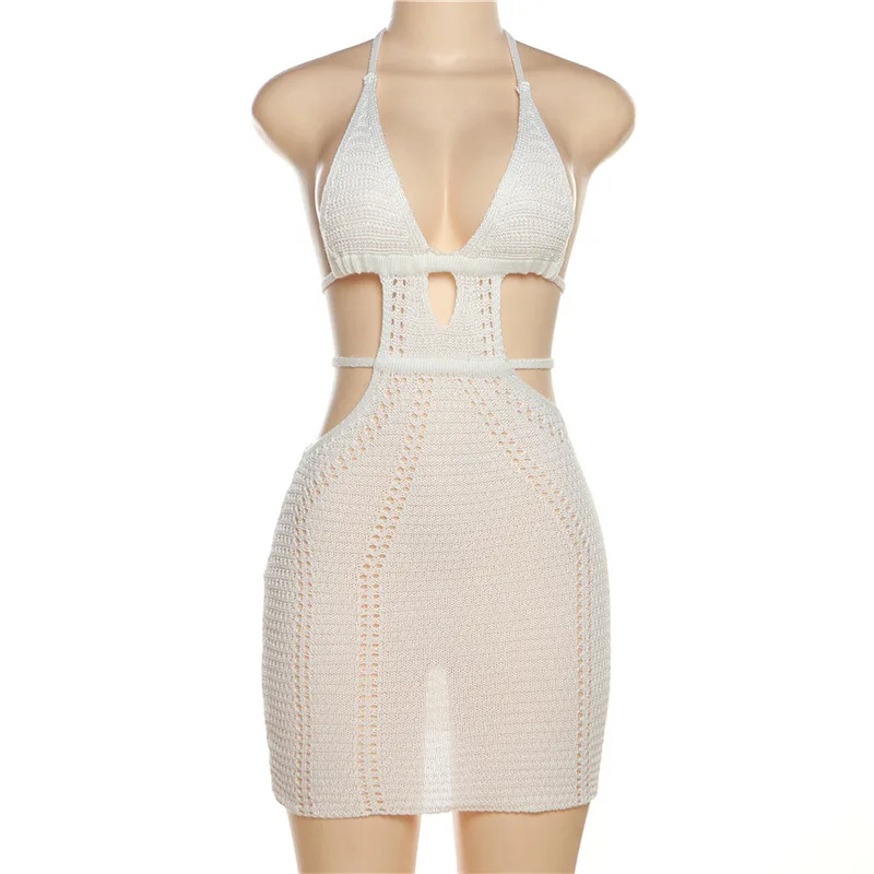 Vintage Häkel blume aushöhlen Kleid Vertuschungen schicke Frauen sexy stricken rücken freie Krawatte Mini kleid Sommer Strand Urlaub Bodycon – Detail 21