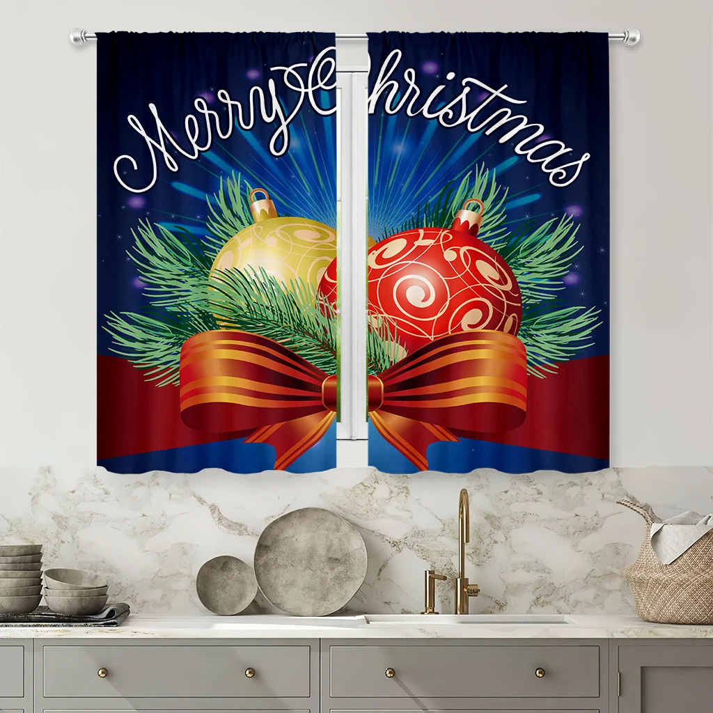 2pcs Christmas Window Curtains Featuring A Print Of Festive Ornaments And Bows; Holiday Decorative Curtains; New Year's Gift.