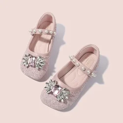 Children's Flats Wedding Shoes Sweet Rhinestone Kids Princess Dress Leather Shoes Fashion Sequins Pearl Girls Mary Jane Shoes