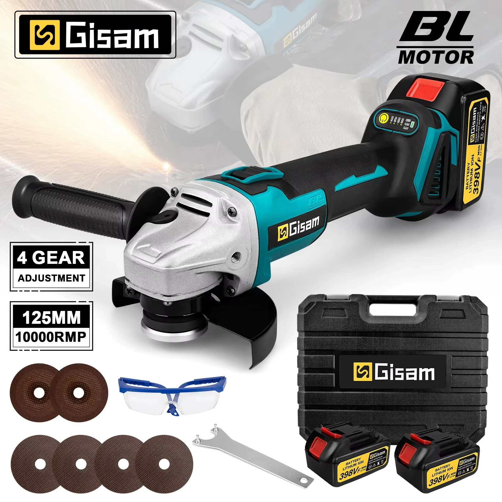 Gisam 125mm 4 Gears Brushless Angle Grinder Cordless Grinding Polishing Cutting Machine Power Tools For Makita 18V Battery