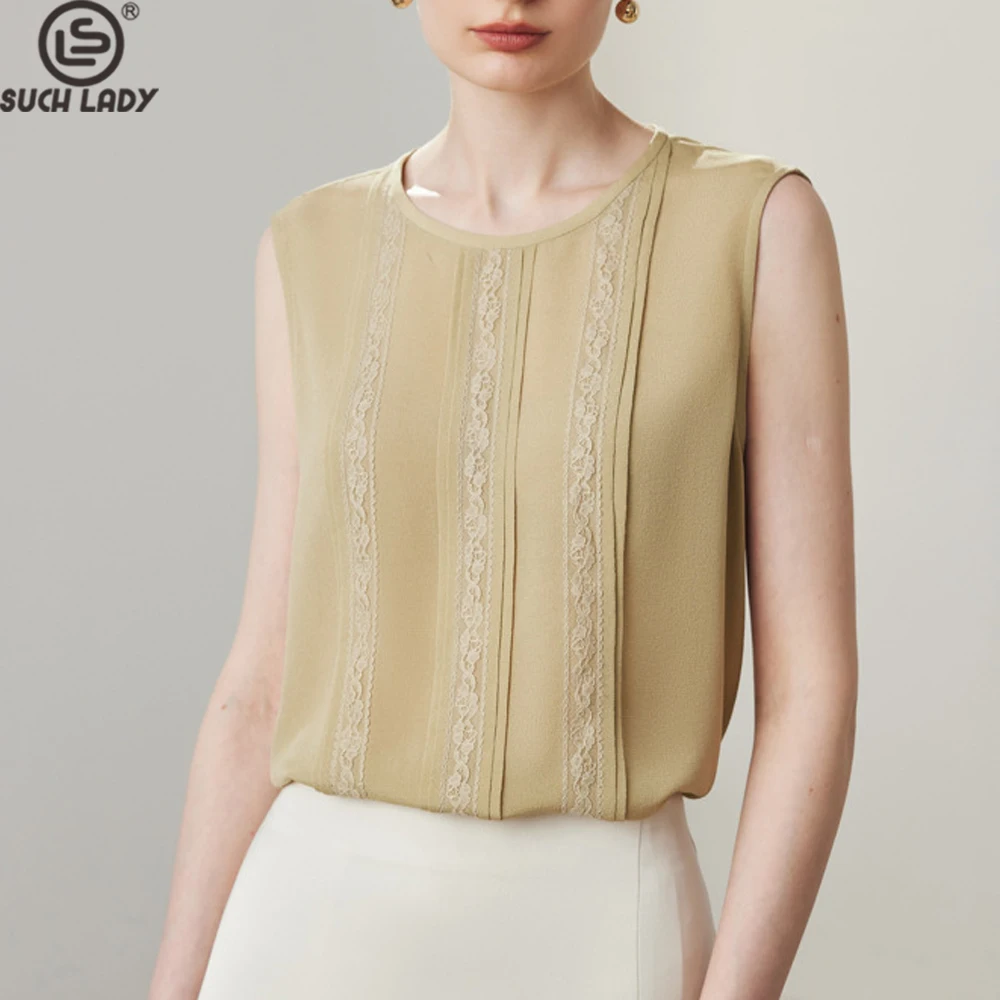 

Женская блузка из 100% шелка с круглым вырезом, без рукавов, с оборками и аппликациями, элегантная модная блузка, топы