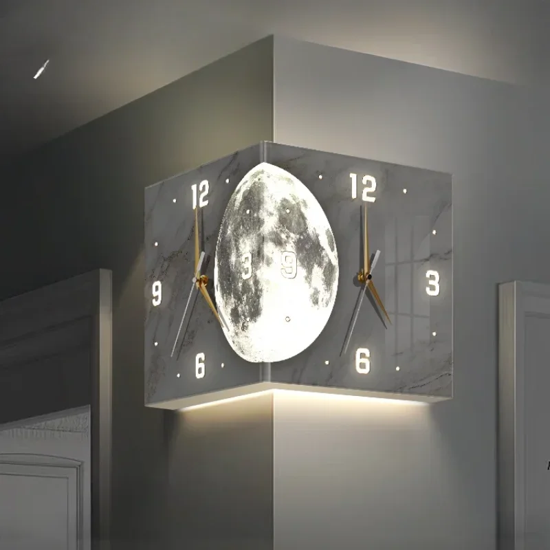 2024 new living room corner double-sided luminous creative wall lamp moon yang corner wall clock no punching