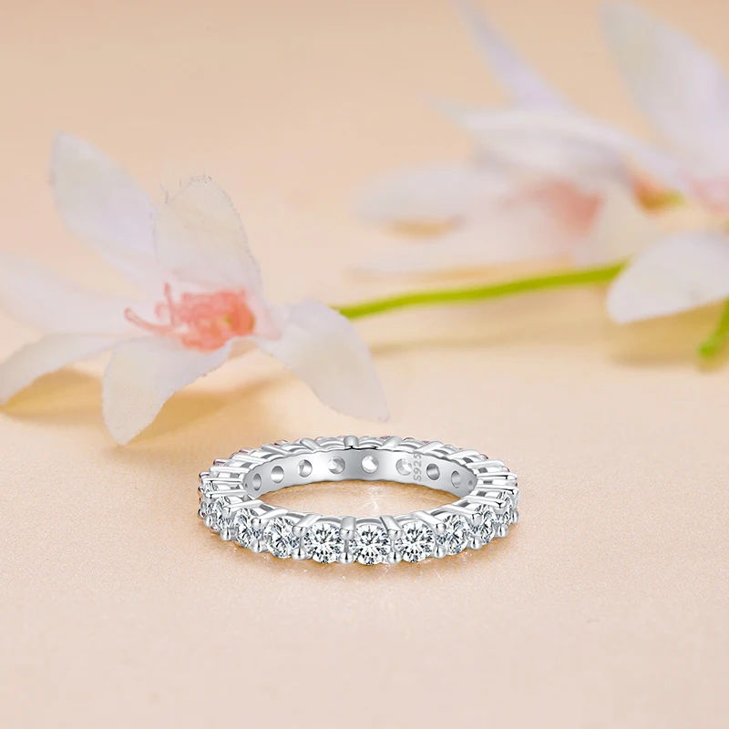 BAMOER Platinum Plated Moissanite Ring Full / Half Eternity Band for Women 925 Sterling Silver Diamond Wedding Engagement Ring