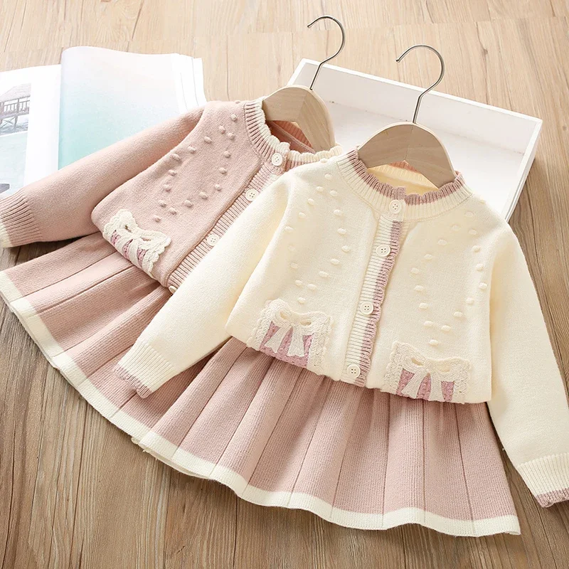 2026 New Spring Children Knitted Clothes Suit 2-6Yrs Baby Girls Clothing Set Long Sleeved Knitted Cardigan Coat+Short Skirt