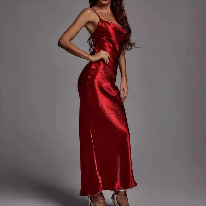 Sexy cetim sem costas rendas até sem mangas suspender vestido sólido feminino na primavera verão 2025 elegante moda festa vestido de noite