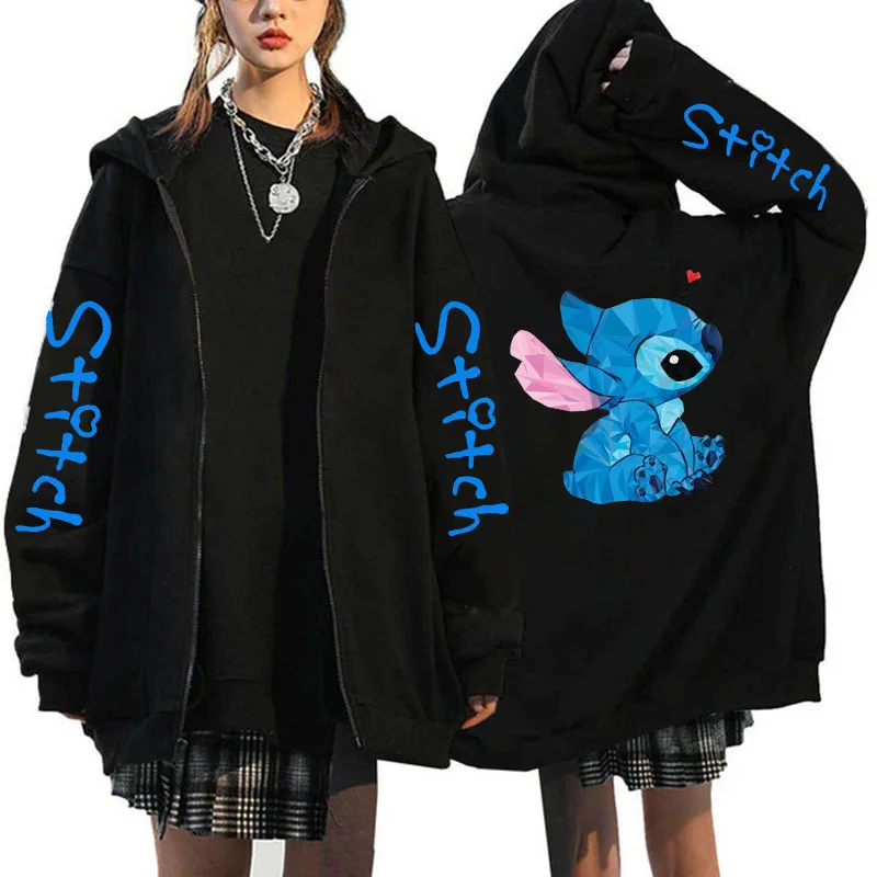 Jaqueta de lã feminina com zíper moletom com capuz estilo punk colorir disney lilo & stitch padrão moletom outono roupas emo